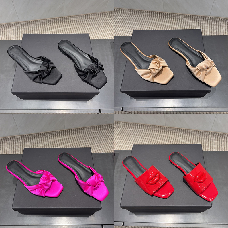 Pantoufles de styliste en cuir verni pour femmes, sandales à lèvres, nœud extérieur plat d'été, bout carré, chaussures décontractées, 1018