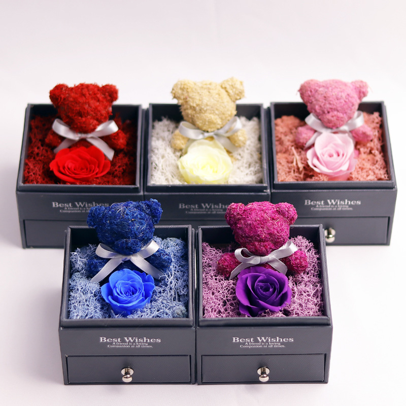 Preserved Moss Bear Rose Jewelry Box Eternal Roses Forever Flower Gifts for Girlfriend Mom Wife Sister Grandma Valentine Anniversary Thanksgiving-image-1097761356