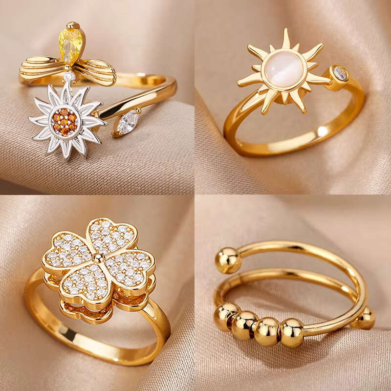 Fashion Sun Shaped Rings for Women Rotating Full Diamond 18K Gold Plated Anxiety Open Size Flower Stress Relief Ring