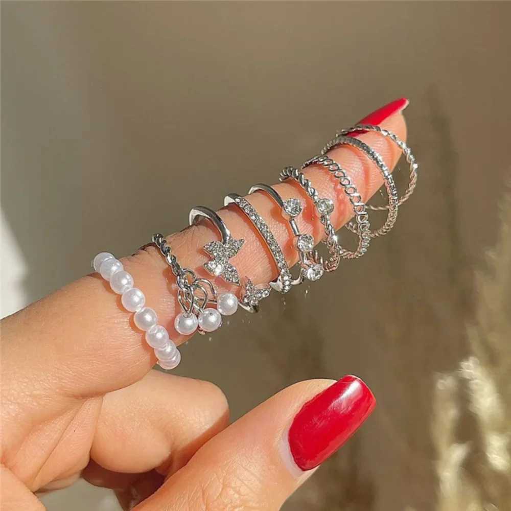 9Pcs Butterfly Flower Rings Set for Women Vintage Stainless Steel Crystal Pearl Finger Rings Joint Rings Fashion Party JewelryXJ260316-image-1097782463