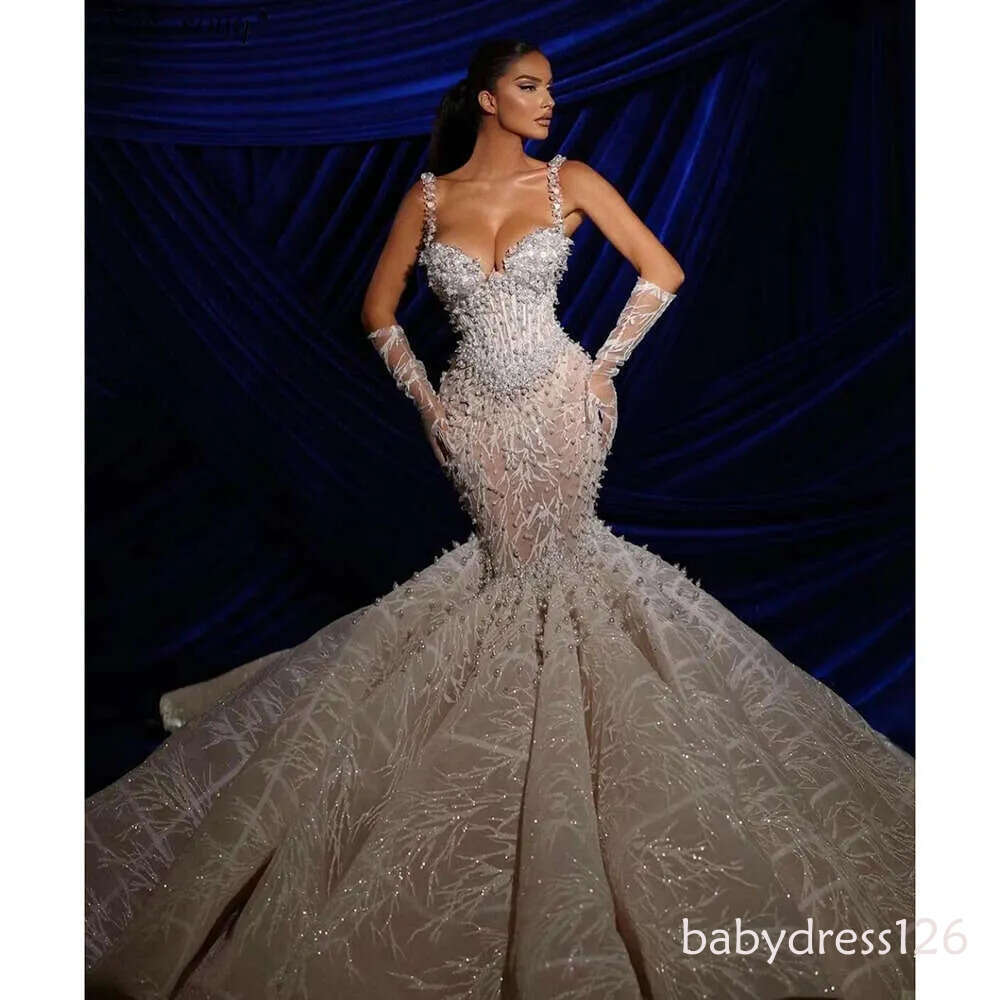 Spaghetti Strap Dress - Sequined Pearls Mermaid Wedding Gown with Lace and Court Train