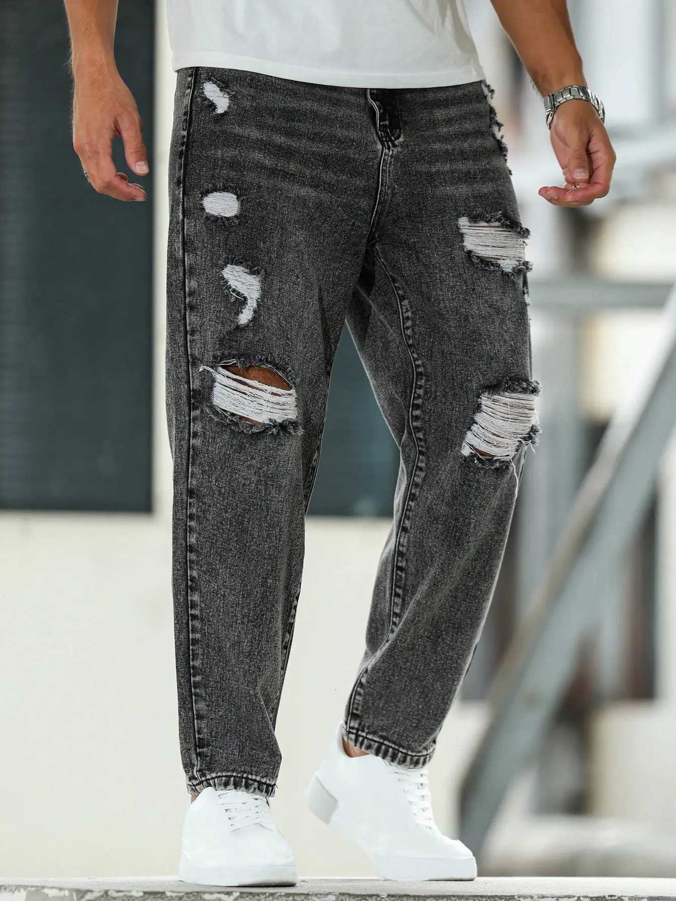 Jean déchiré pour hommes, pantalon sarouel gris foncé, style de rue décontracté, tendance, printemps et automne, T260316