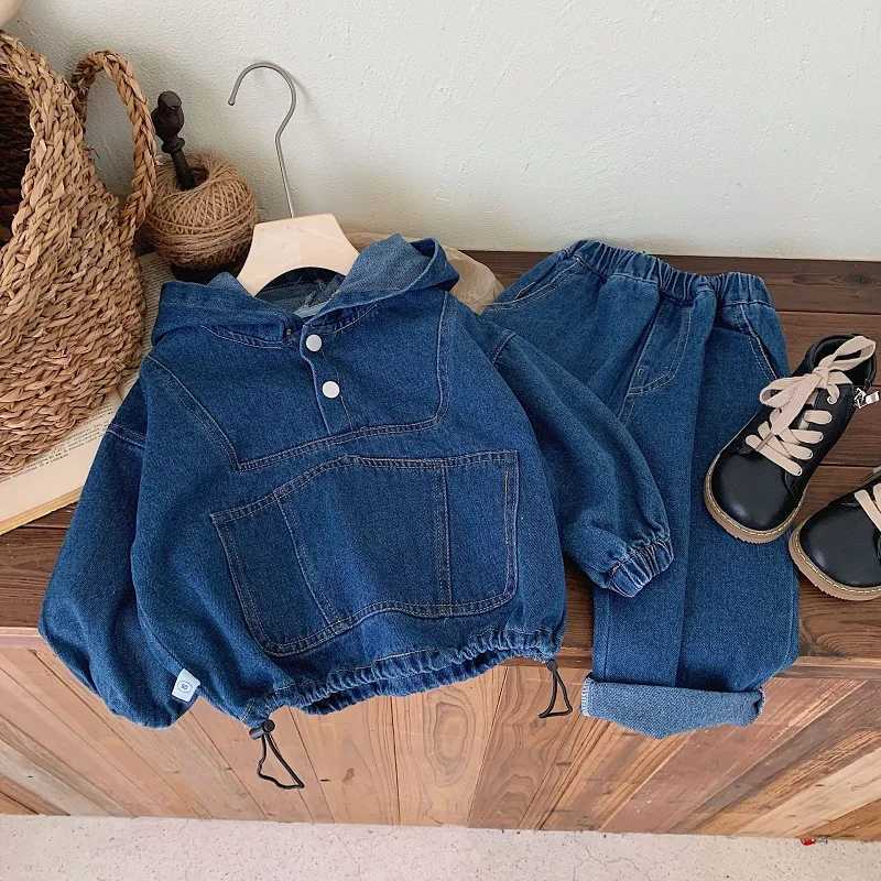 Childrens clothing Spring and Autumn boys denim hooded sweatshirt womens Baoyang solid color long sleeved top and pants setT260316-image-1097844048