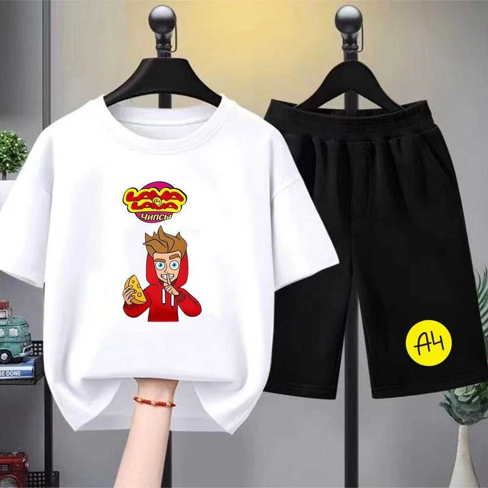 Summer Short Sleeve Children Age 3-12 Girls Set white black Boy TshirtShorts 2pcs leisure Kids A4 Print Set clothingT260316-image-1097846958