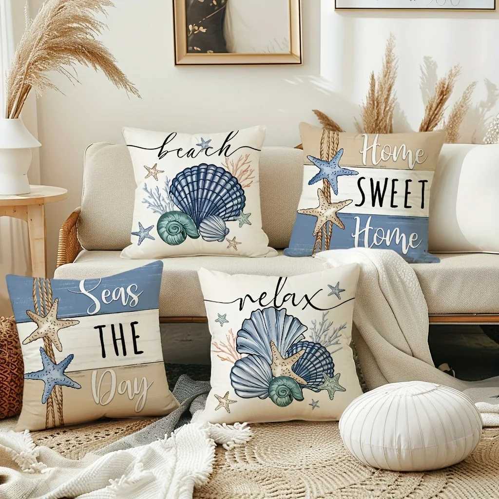 pillowcase Juegos 4 Fundas Almohada Estrella Mar Ocenica Azul Vintage Estilo Casa Campo con Decoraciones Cierre Crema C260314-image-1097935871