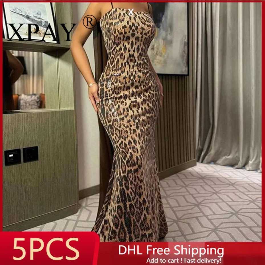 5 pièces vente en gros d'articles en vrac Lots Sexy licou imprimé léopard robes pour femmes 2024 automne mode longue robe de soirée élégante Y2k