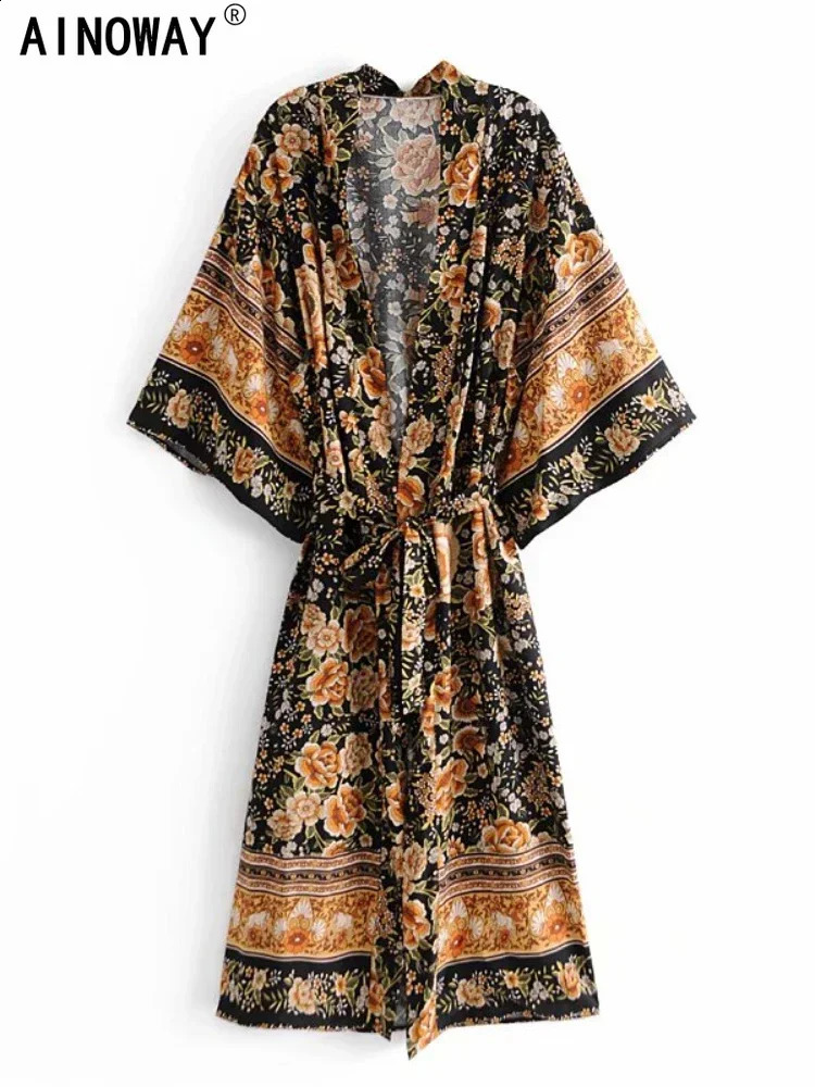 Vintage Chic Women Black Floral Print Bohemian Kimono Lady Sashes V Neck Batwing Sleeves Beach Boho Robe Bikini Coverups 260310