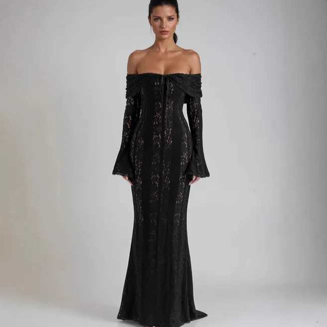 Womens New Fashion Lace Hollow Out Off Shoulder Evening Dress Flare Slve Tube Top Waist Slimming Elegant Sexy Bodycon Dress L260526-image-1097896572