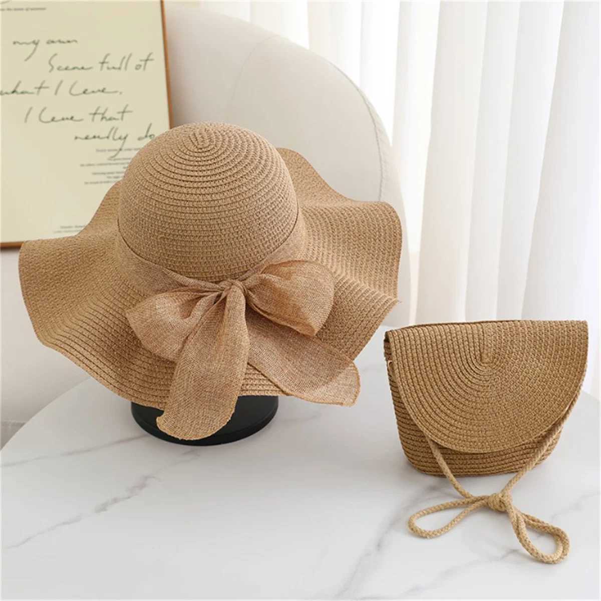 2-piece womens beach set - khaki beige sun hat and woven bag fashionable lightweight and breathable suitable for spring and H260317