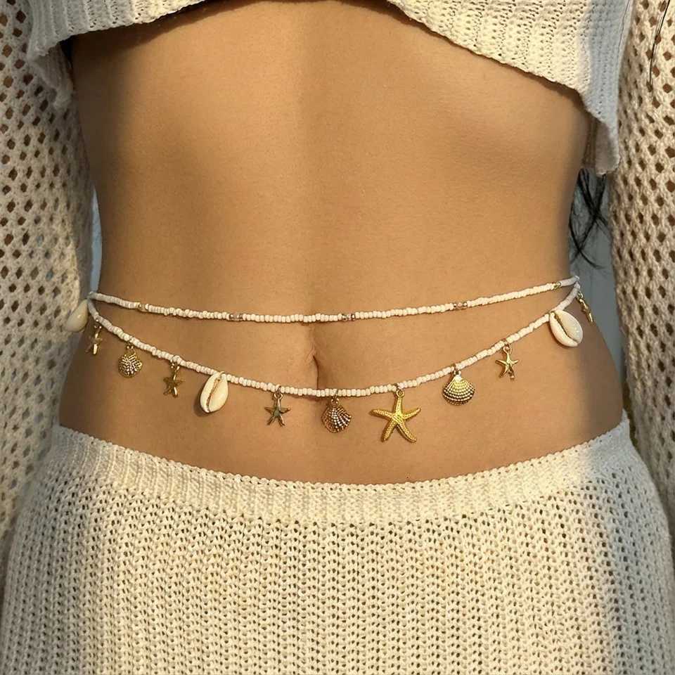 Chaîne de taille en perles de riz, style bohème, étoile de mer, ensemble de 2 pièces pour femmes, thème de plage, double brin, taille, bijoux d'a