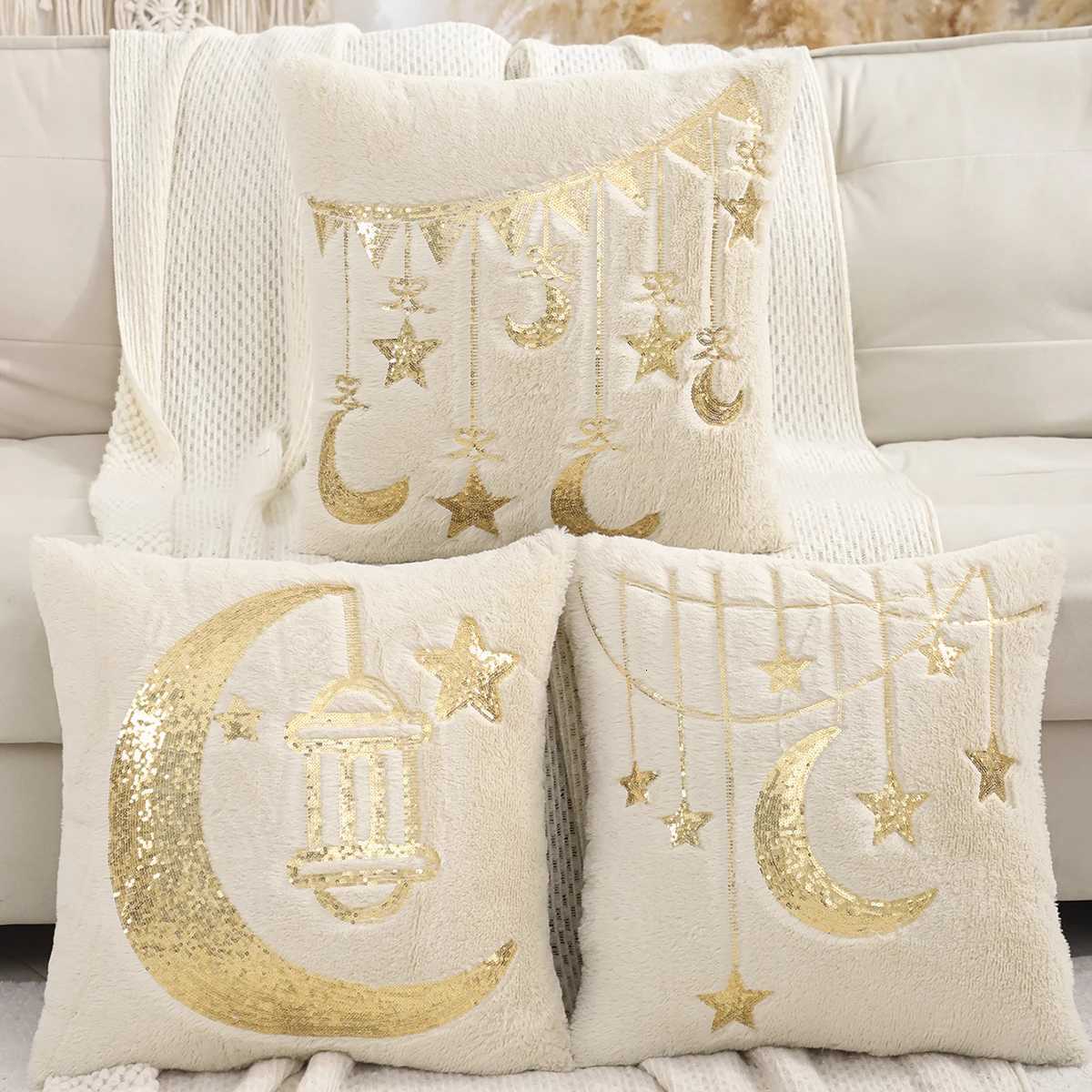 pillowcase 1 PC Gold Ramadan Decorative Cover Embroidery Sequin Plush Crescent Moon Stars Islamic Muslim Gift Eid Living room Sofa C260314-image-1097935943