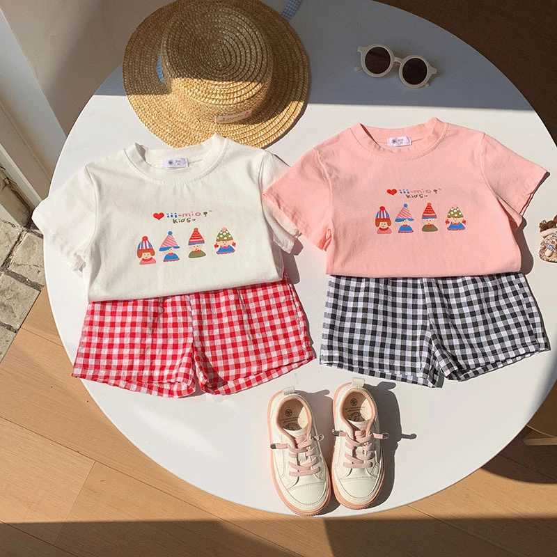 9m-6y Kids Summer Clothes Short Sleeved Suit Print Tees Plaid Shorts Girls Casual Outfits Children O-neck T-shirt Two Piece SetT260316-image-1097851079