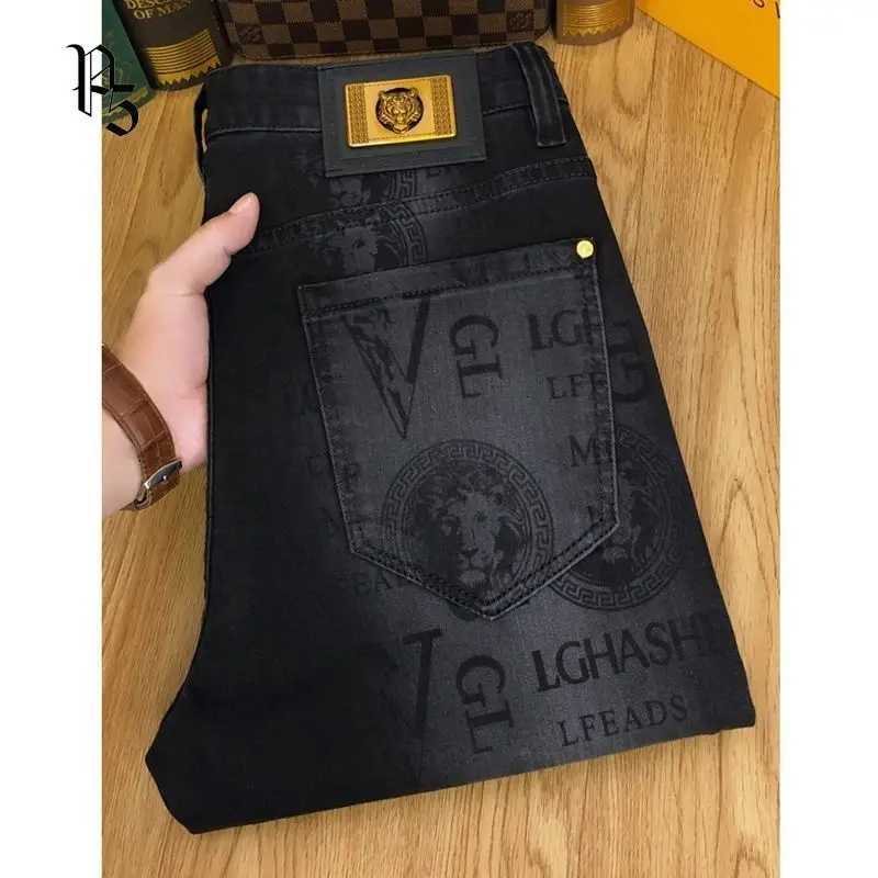 Jeans Slim Coréens Printemps Automne Homme 2025 Haut de gamme Luxe Noir Imprimé Taille mi-haute Stretch Décontracté Pencil Pants T260316