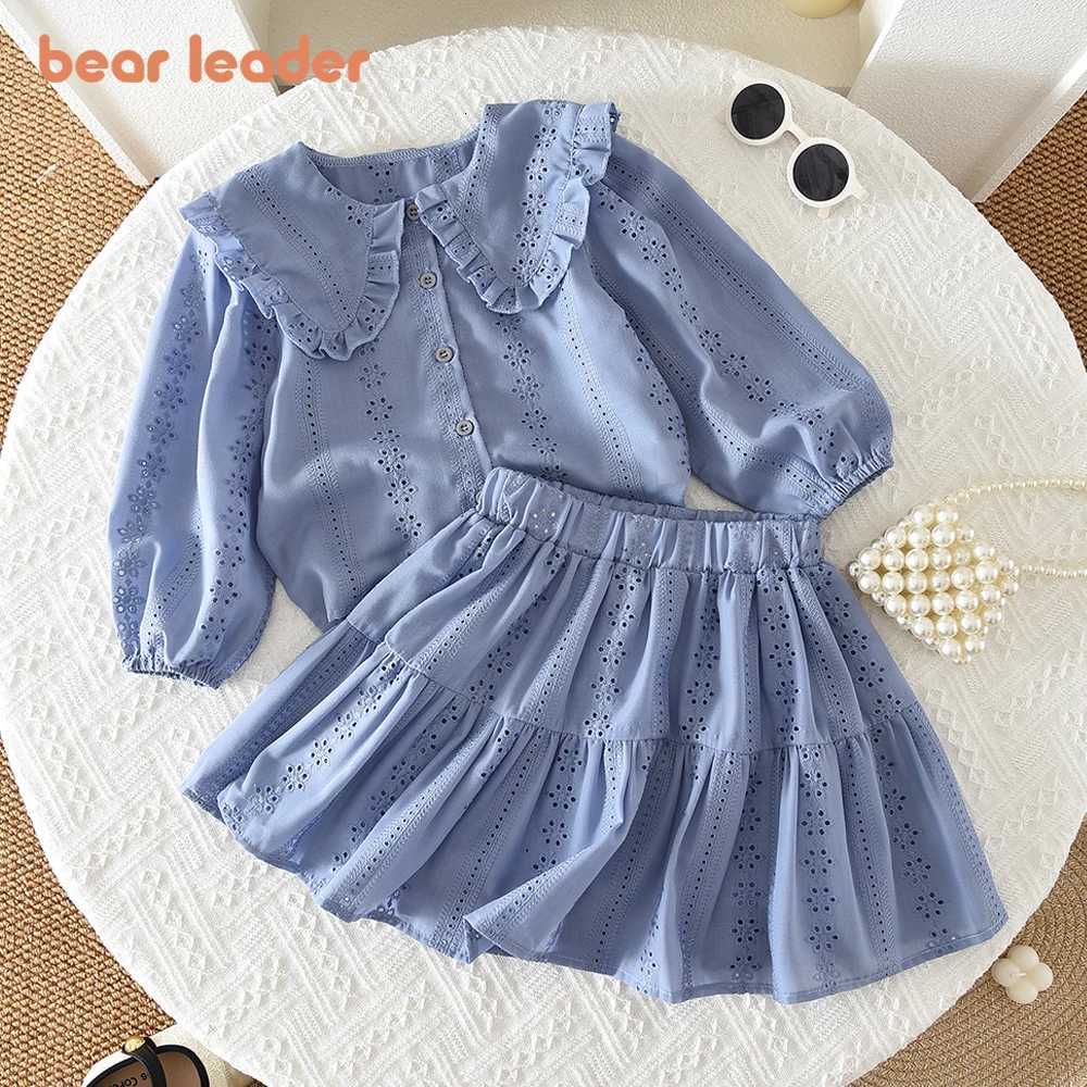 Bear Leader Blue Embroidered Flower Kids Clothes Girls Autumn Long Sleeved Lapel Single Breasted Shirt TopShort Skirt 2Pcs SetT260316-image-1097851314