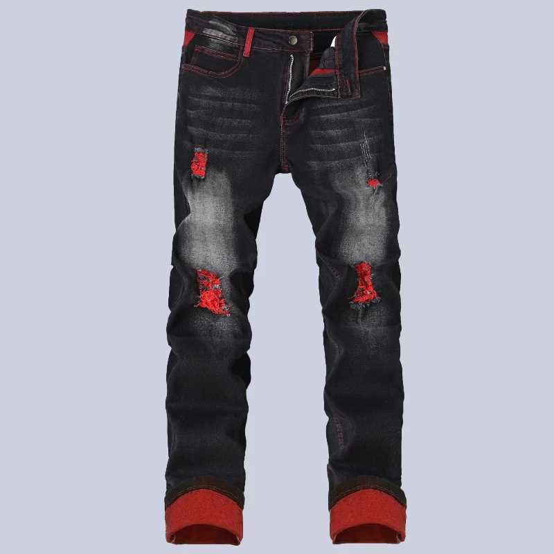 Jeans de style patch élastique pour hommes Noir Rouge Design Minceur Vêtements pour hommes Pantalon en denim confortable Pantalon tendance Hip Ho
