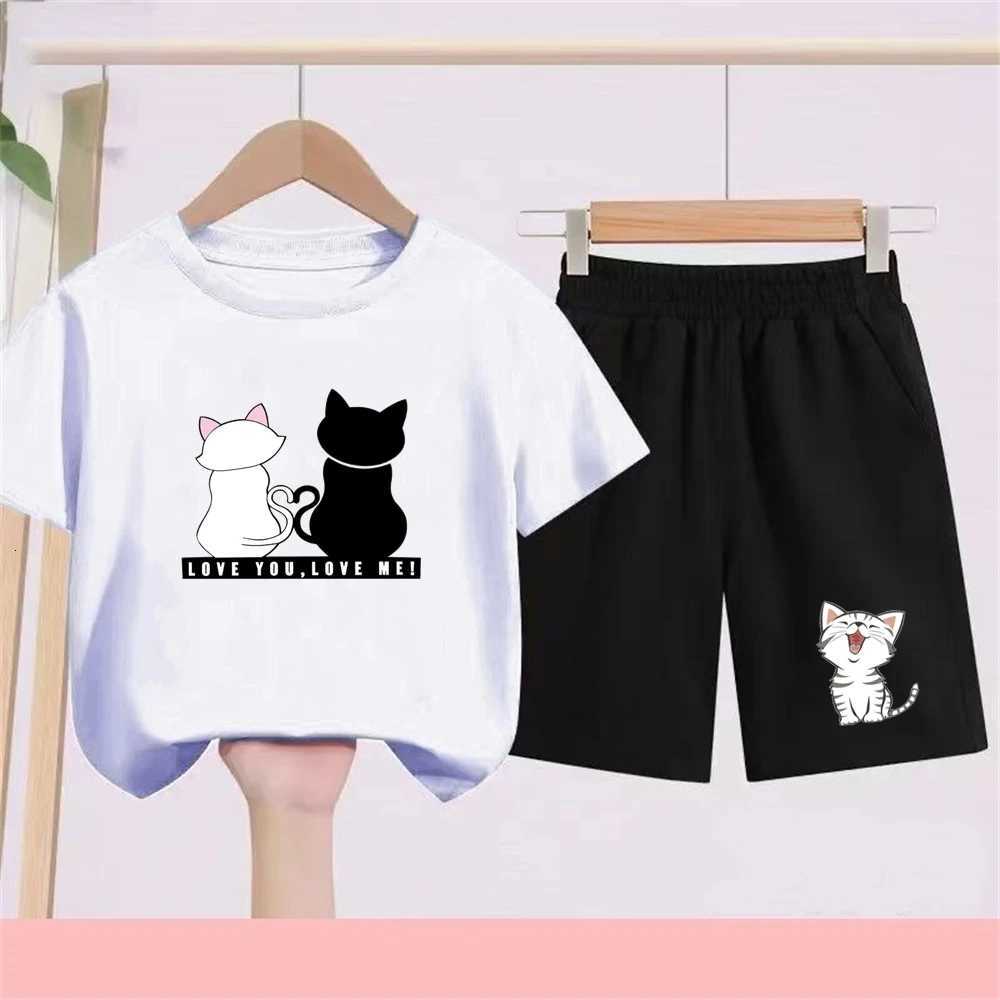 Summer Short Sleeve Love you love me cat Print Children Age 3-12 Girls boy Set white black TshirtShorts 2pcs leisure Kids SetT260316-image-1097849779