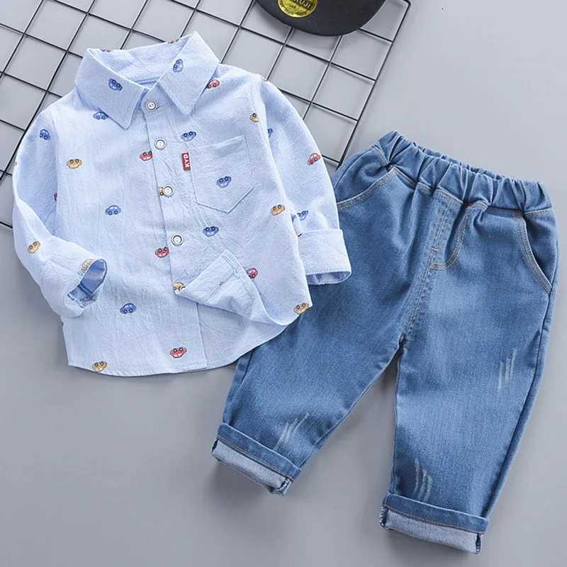 1-4 ans Printemps Automne Beaux Garçons Vêtements Ensemble À Manches Longues Petite Voiture Modèle ChemiseJeans 2 Pièces Costume Pour Enfants Enf