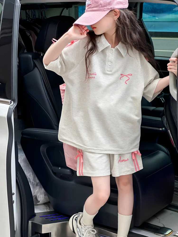 New Girls Summer Sports Webbing Bow T-Shirt Suit 2025 Big Children Korean Version of the Summer Polo Shirt Short-Sleeved ShortsT260316-image-1097850985