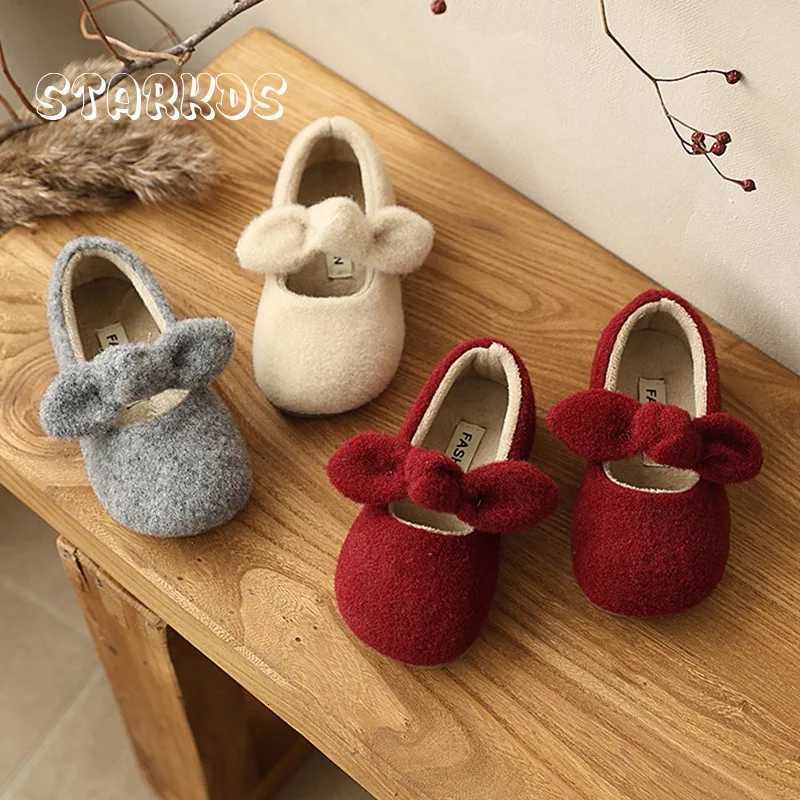 Warm Short Plush Ballet Flat Shoes Kid Girl Winter Bowknot Design Fleece Felt Mary Jane Shoes Baby Child Soft Wool Dress ZapatosT260314