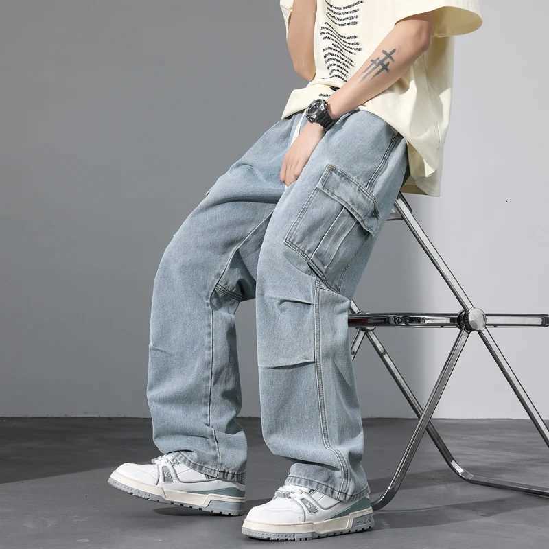 Large Pocket Baggy Jeans Mens 2025 New Spring Classic Straight Denim Trousers Street Y2K Elastic Waist Casual Cargo PantsT260316