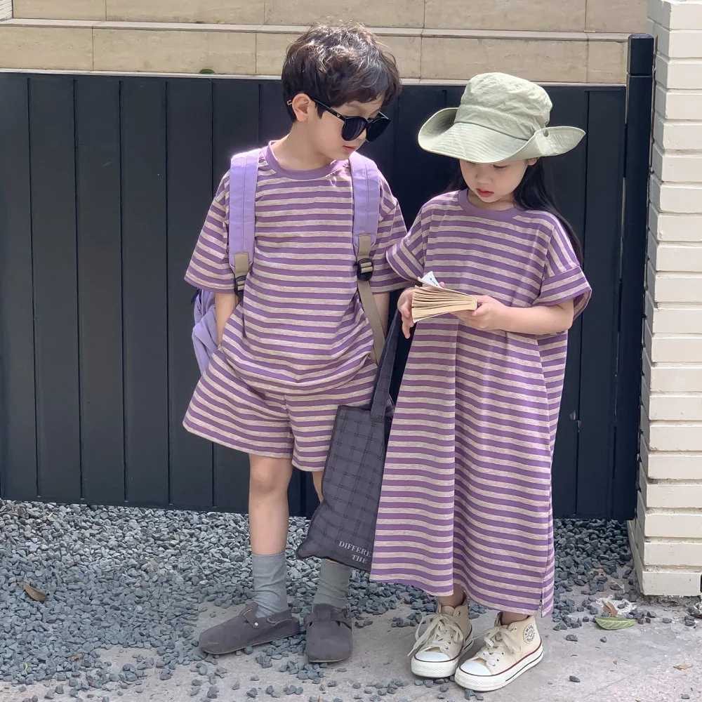 2026 Summer Siblings Look Set Kids Girls Cotton Purple Striped Short Sleeve Long Dress Cool Thin T-shirtsloose Shorts OutfitsT260316-image-1097849393