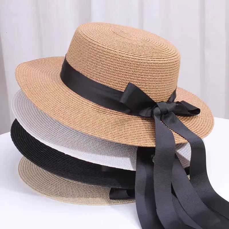 Spring Summer Classics Straw Hat Female Flat Top Bucket Hats Chapeu Sweet Bow Sombrero Mujer Fedora Sun Cap Panama Bob H260317