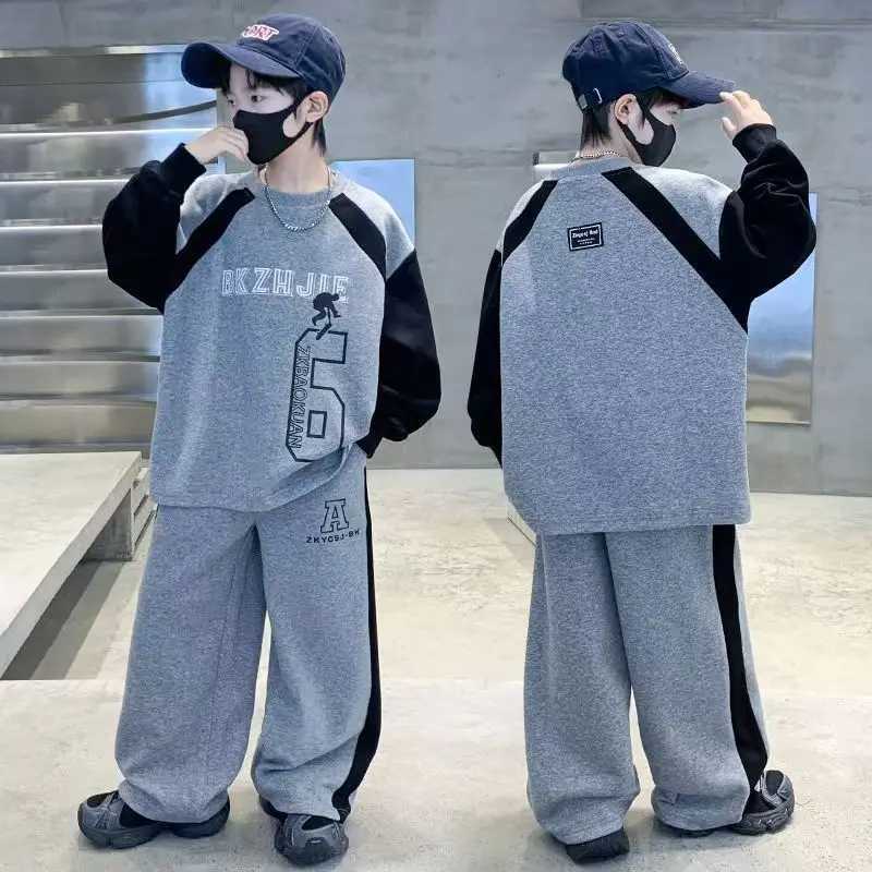 Autumn Children Boys Clothes Set Teenage Letter Pullover TopPants Bottom 2pc Kid Color Blocking Sweatshirts Fashion TracksuitsT260316-image-1097846157