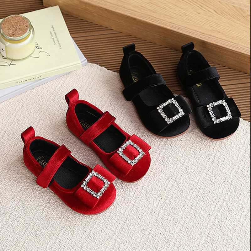 21-30 taille nouveau printemps enfants chaussures nues doux semelle souple enfants chaussures plates nœud boucle carrée filles velours princesse