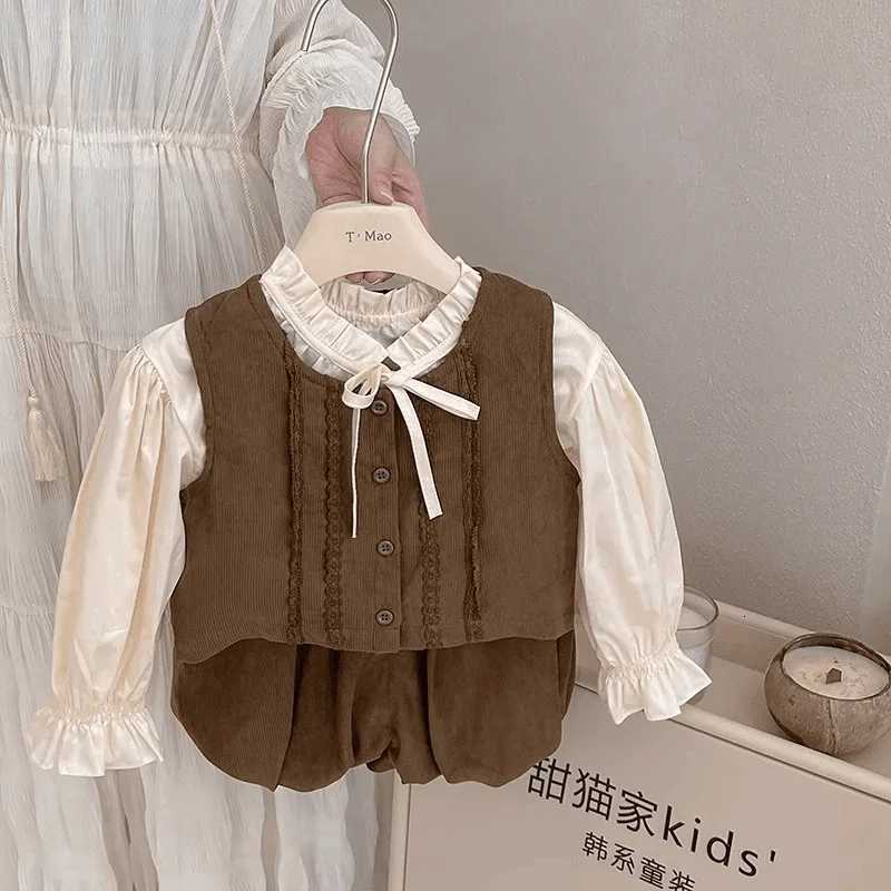 Automne enfants filles 3 pièces ensemble de vêtements coton chemise à manches à bulles costumes kaki Sinlge gilet à boutonnage fleur bourgeon Sho