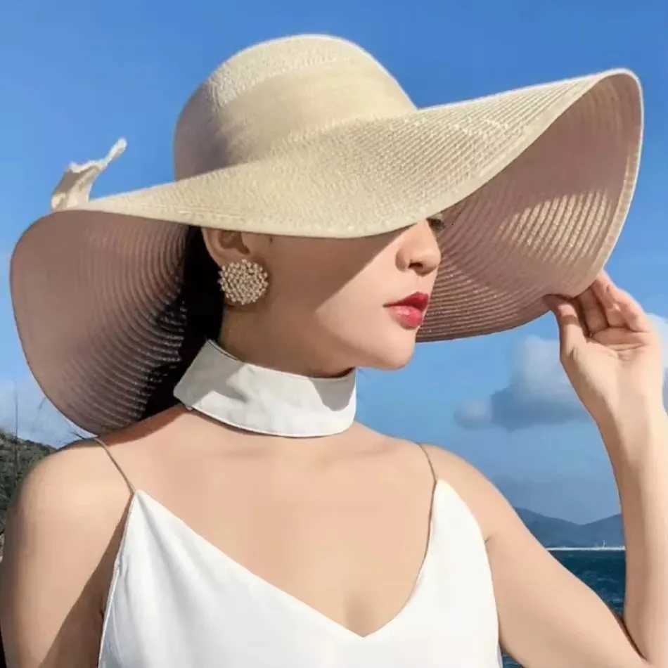1 Pcs Summer Fashion Sun Hats Beach Flat Panama Lady Casual Wide Brim Straw Hat Cap Black Bow for Women Accessories H260317