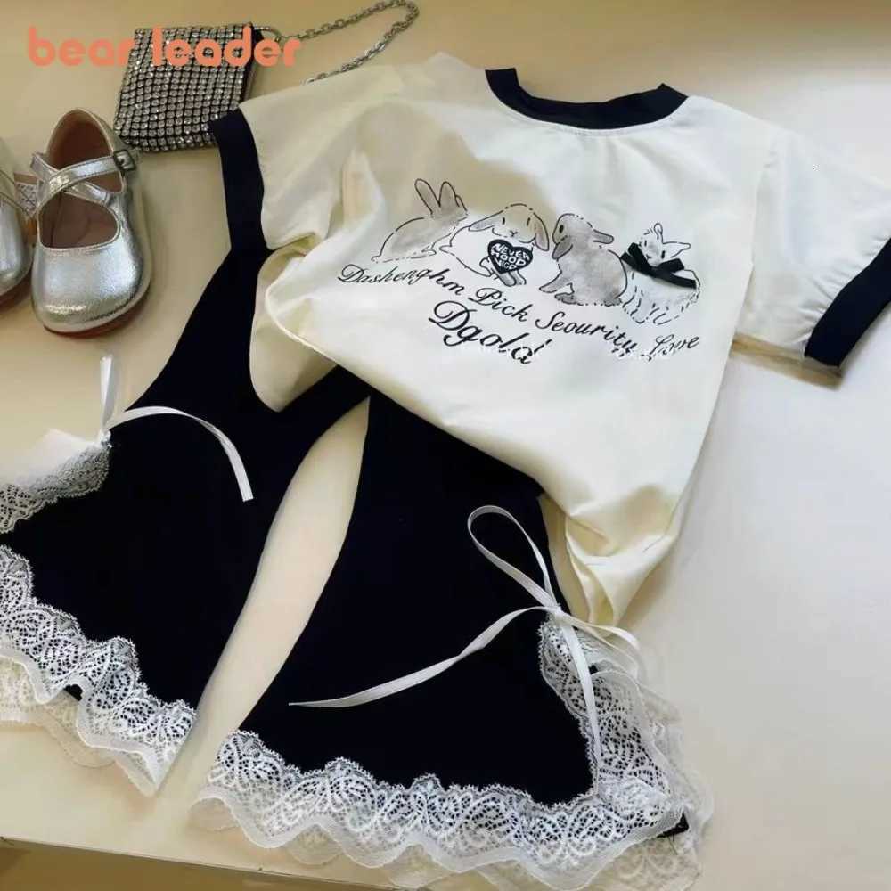 Bear Leader 2025 Fashionable New Casual Easter Girls Clothes Rabbit Print Short Sleevedlace Bow Bell Bottom Pants Two-piece SetT260316-image-1097847224