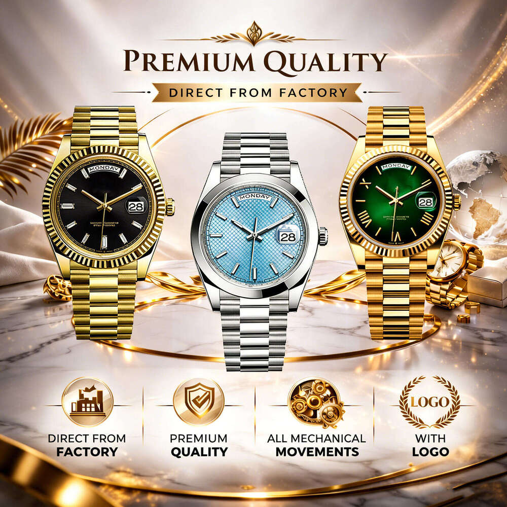 Luxury Presidential Watch DD Style Bezel Men Automatic Mechanical Double Calendar Day Date Fluted Bezel 904L Steel Gold Plated Roman Dial Busines-image-1097839458