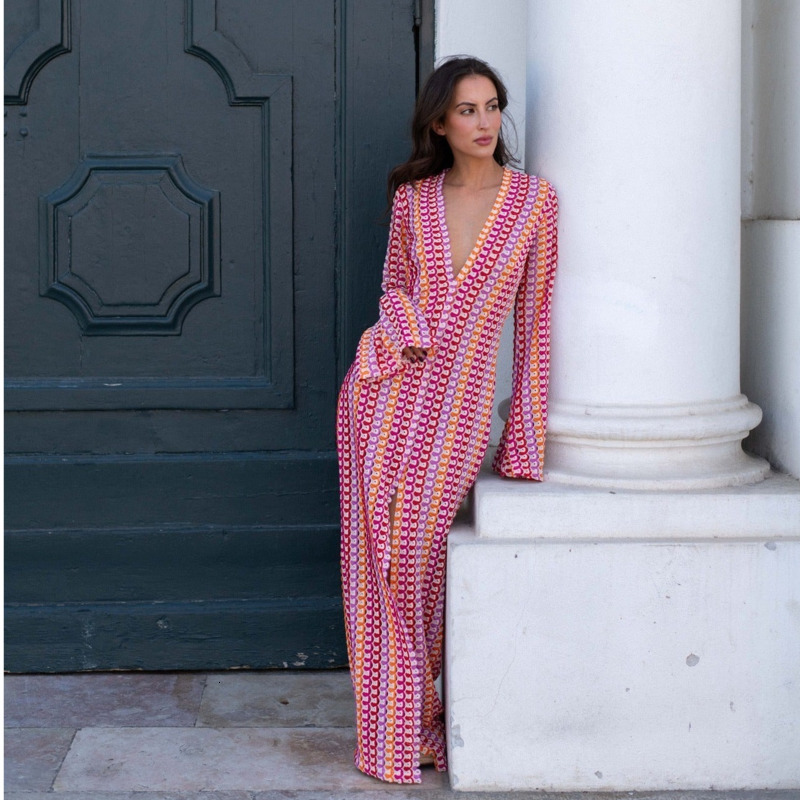 Spring And Autumn New Casual Dresses For Woman Sexy Lace Hollow Cut Deep V-neck Flare Long Sleeve Front Split Maxi Dress Clothes-image-936923172