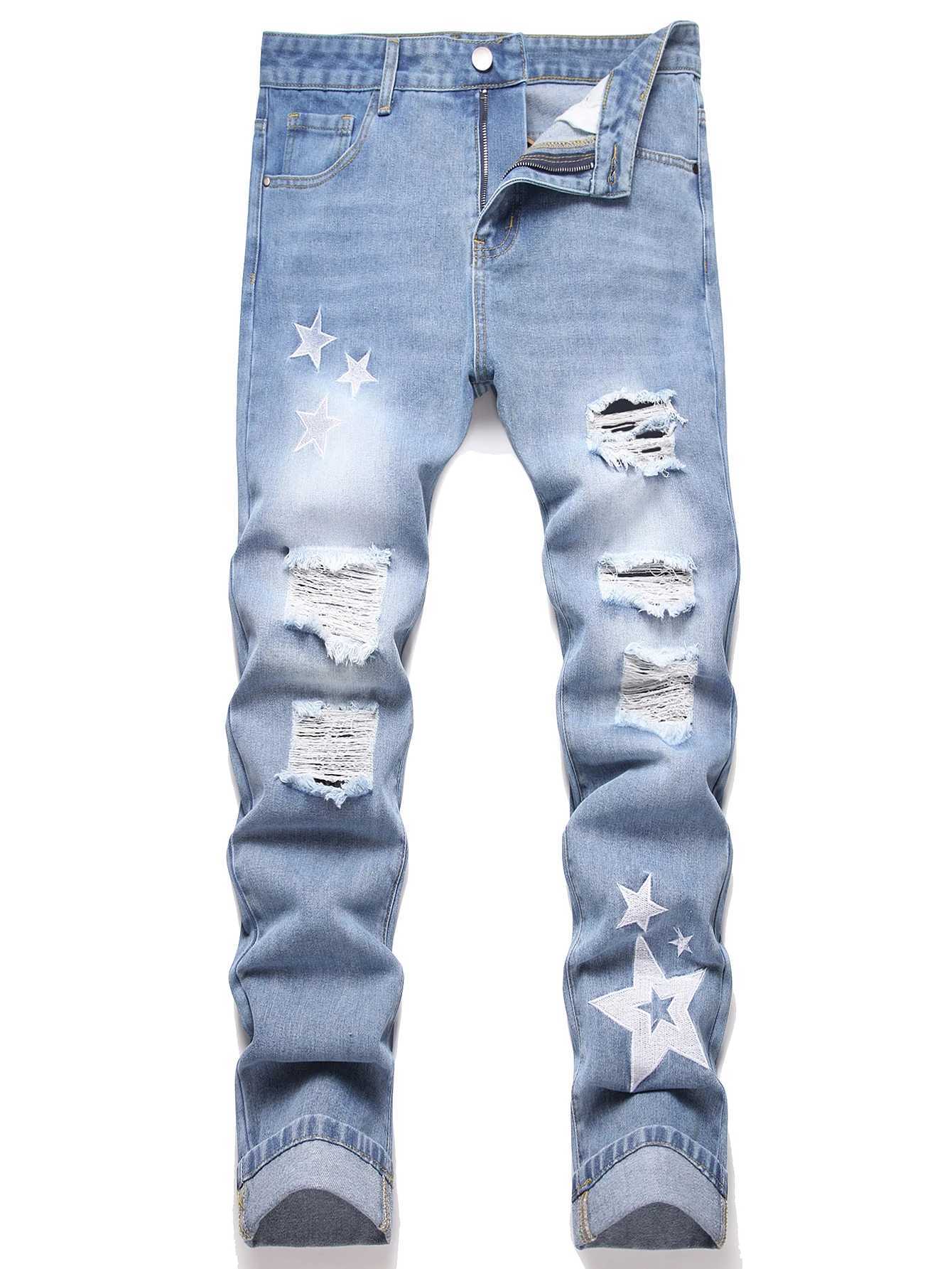 Jeans pour hommes Y2K - Déchirures en détresse motif étoile brodéeT260316