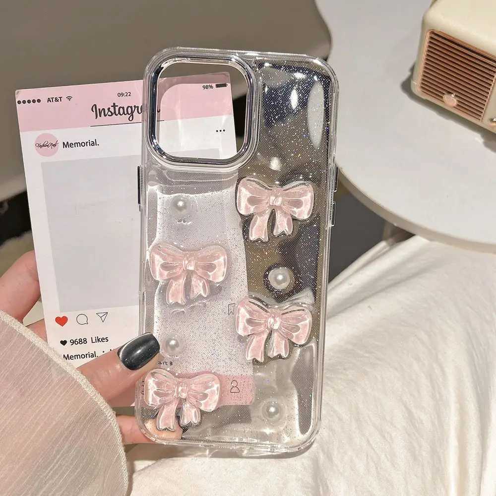 Korean Cute 3D Pink Bowknot Pearl Clear Phone Case For iPhone 16 15 14 13 12 11 Pro Max 16 Plus Shockproof Transparent Cover H260317-image-1097934747