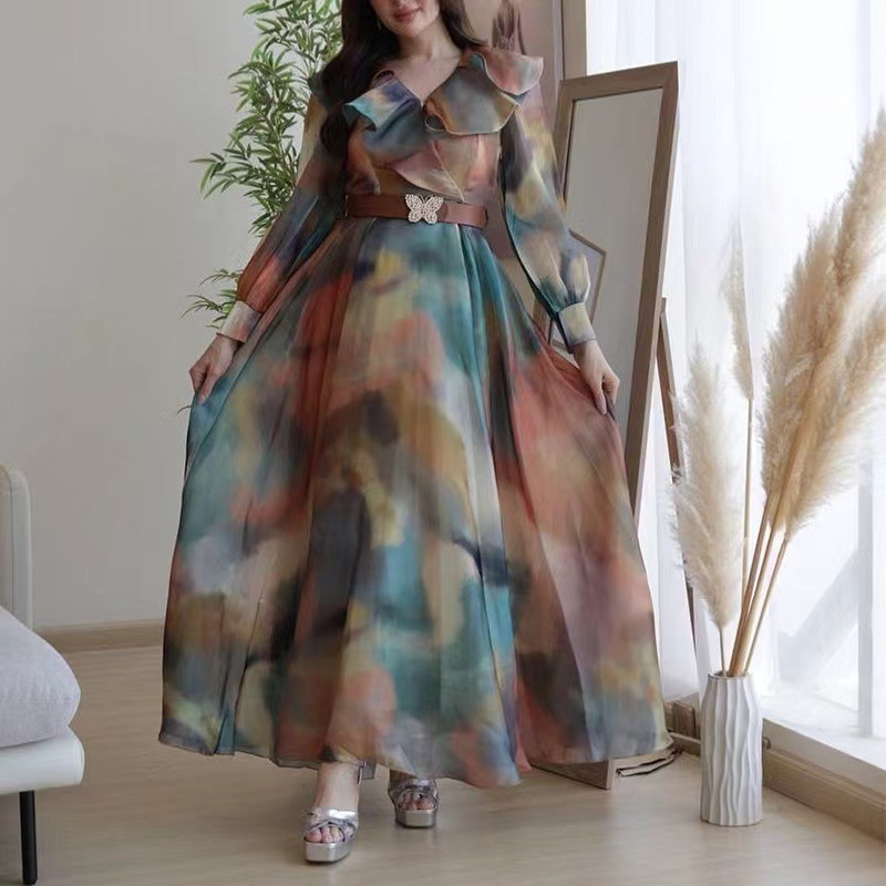 (192) Spring and summer new style printed large swing mesh dress commuting large size women's dress