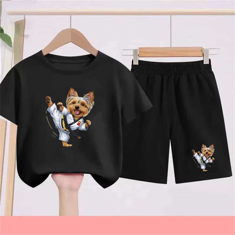Children Set Yorkie black Kung Fu Dog Print TshirtShorts 2pcs Set Kids Boys Girls Fashion Tracksuit Summer Short SleeveT260316-image-1097848348