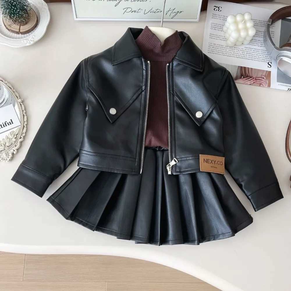 Korean Version Autumn New Solid Color Girls Fashion Suit Collar Leather Jacket Zipper Coatpleated Skirt Two Piece SetT260316-image-1097850779