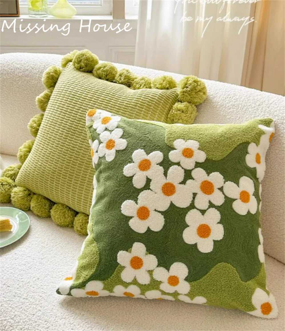 pillowcase Ins Green Embroidered Moss Flower Creative case Back Cushion Cover Home Decoration for Sofa Bed Chair Living Room C260314-image-1097934640