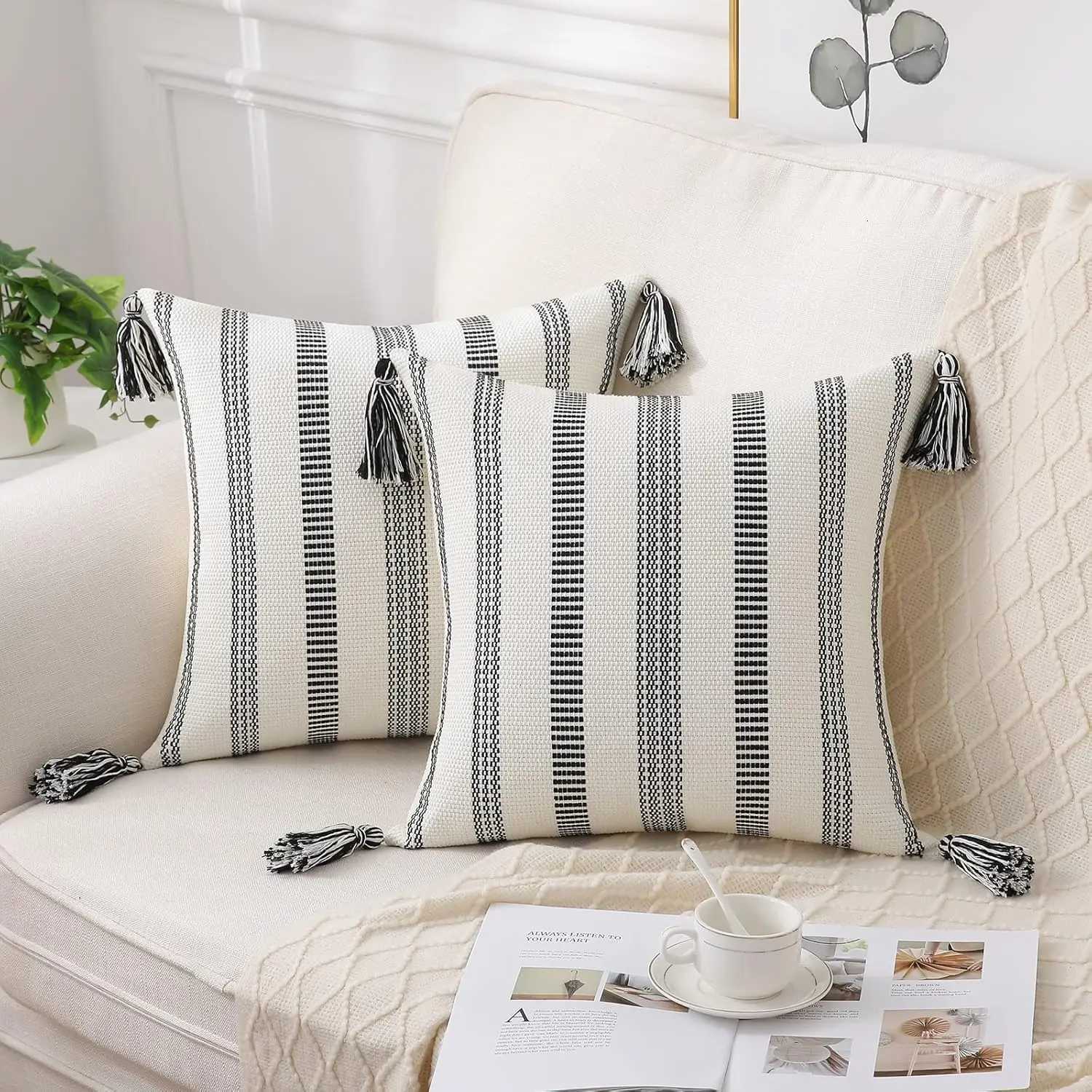 pillowcase HAPIHAPPY Boho Couch Throw Covers Set of 2 Outdoor Decor Cases Thick Woven Striped Accent Neutral Covers C260314-image-1097935068