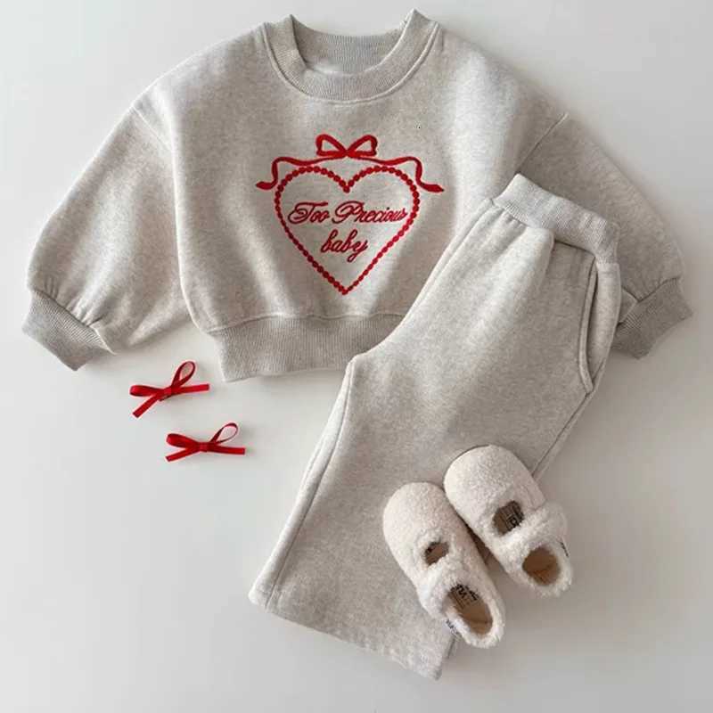 2Pcs Spring Autumn Solid Casual Tracksuit Babies Cotton Outfit Child Long-Sleeved Round Neck Embroidery TopsWide Leg Pants SetsT260316