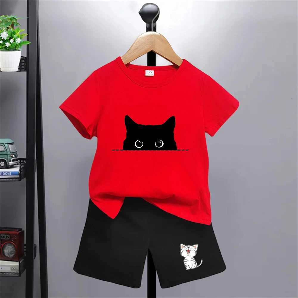 T-shirt d'été pour garçons et filles, ensemble de vêtements rouges, noir, imprimé chaton, hauts courts pour enfants, T-Shirts occasionnels, col r