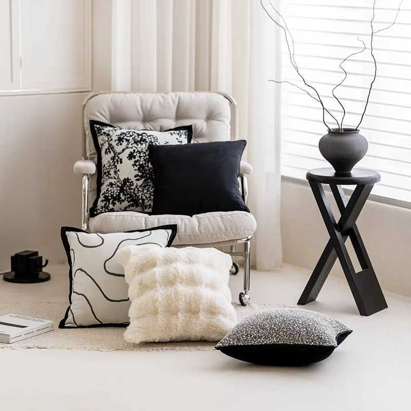 pillowcase Modern simple black and white Chenille jacquard cushion case French light luxury home sofa bedroom case C260314-image-1097935910