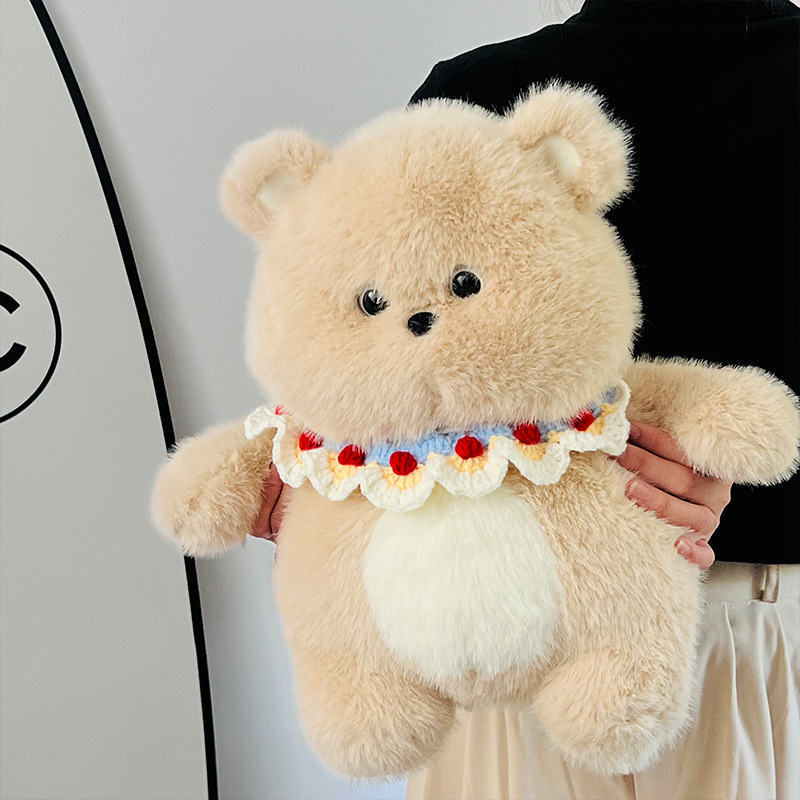 Cute Running Bear Plush Toy Soft Stuffed Animal with Lace Collar Decor Gift for Kids-image-1097878549