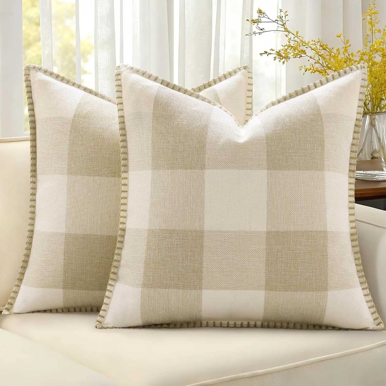 pillowcase HAPIHAPPY Plaid Check Throw Covers Set of 2 Spring Decorative Farmhouse Gingham Cases Breathable Linen cases C260314-image-1097935108