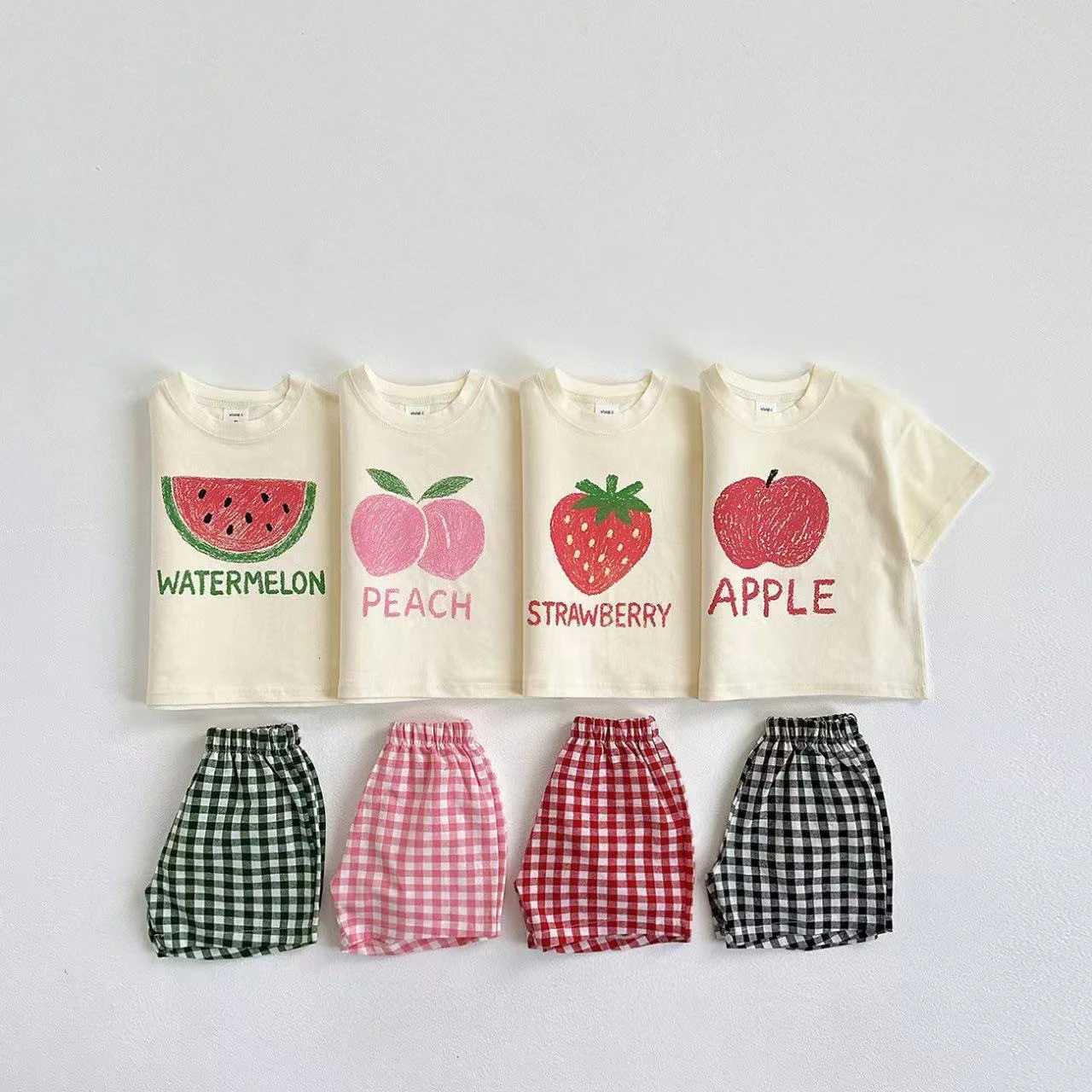 Fruit Pattern T-shirt Childrens Clothes Summer Fashion Casual Korean Style Short Sleeve Suit Tees Plaid Shorts Kids OutfitsT260316-image-1097850764