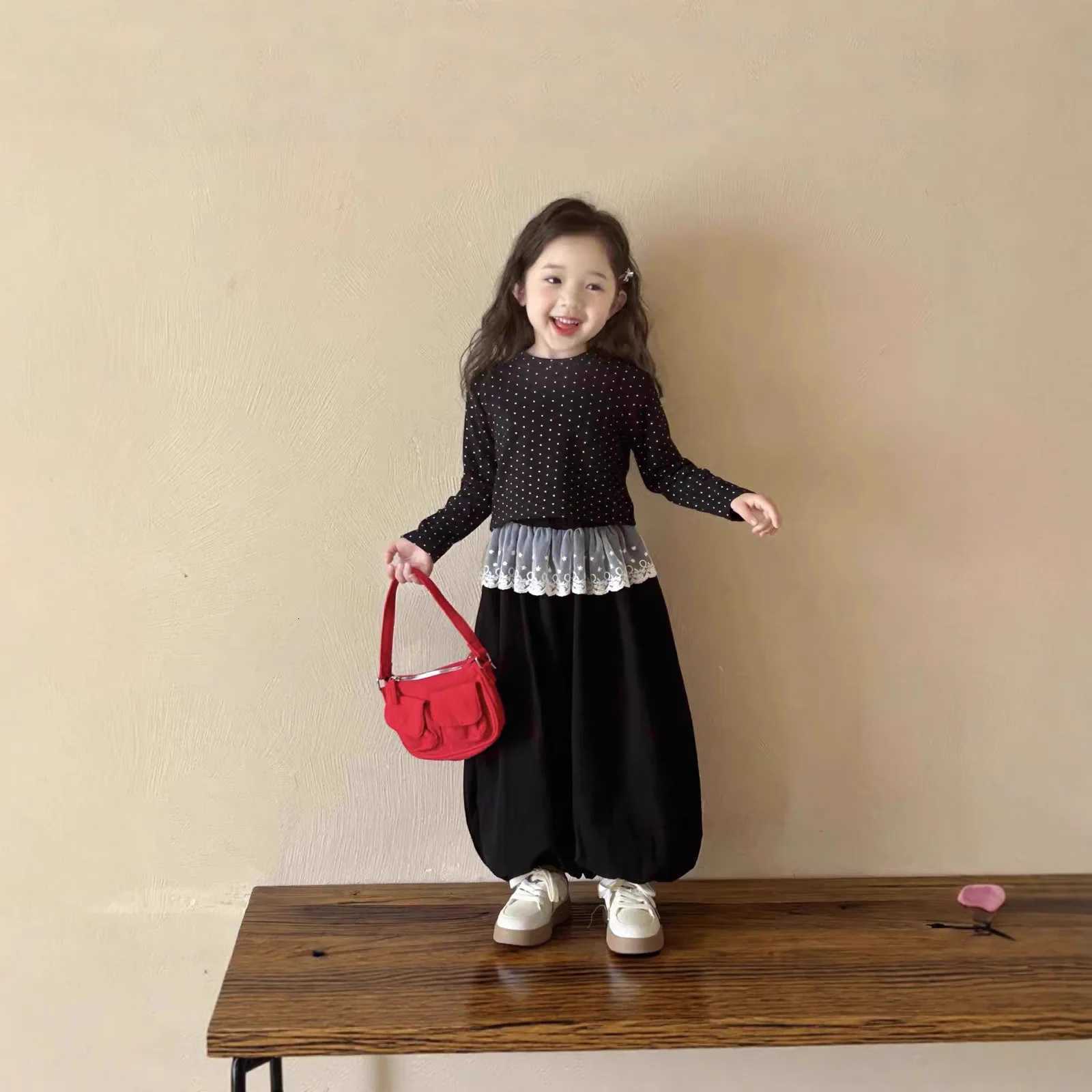 New Girls Polka Dot Lace Two-Piece Set Trendy Baby Autumn Outfit with Ruffle Hem Top Wide Leg Boho Chic StyleT260316-image-1097849260