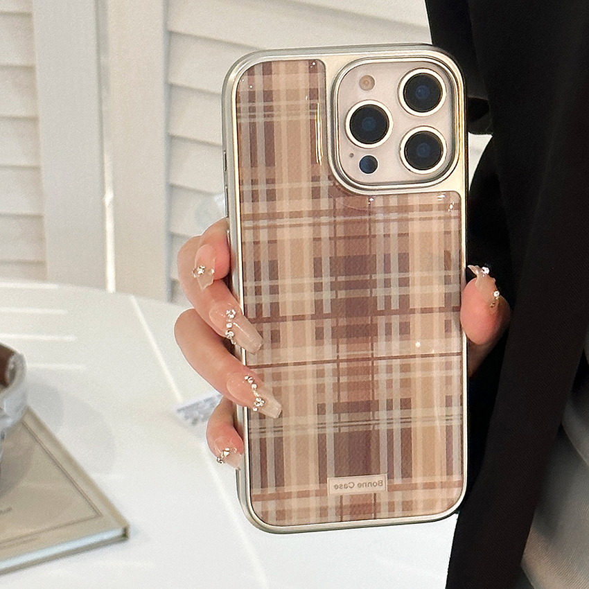Brown Plaid Phone Case For Iphone 16 15 14 13 Pro 12 11 Max Plus 16Promax Electroplated Bezel 16Pro Phone Case 15Pro Creative 15Promax 14Pro Cove