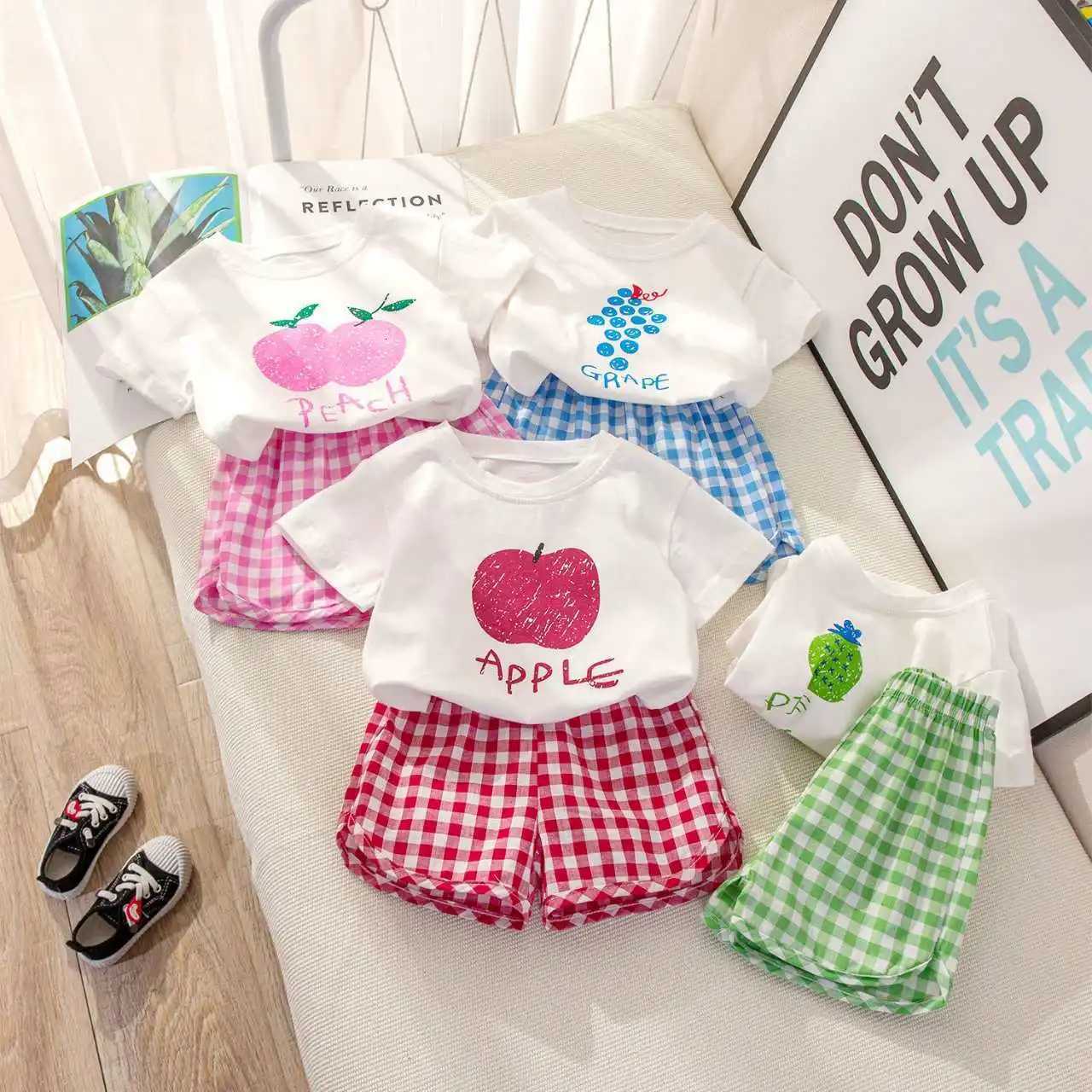Childrens Sets 2-piece Short-sleeved Round Neck Topplaid Shorts Fruit Lemon Grape Cartoon Design Outer Wear Casual SummerT260316