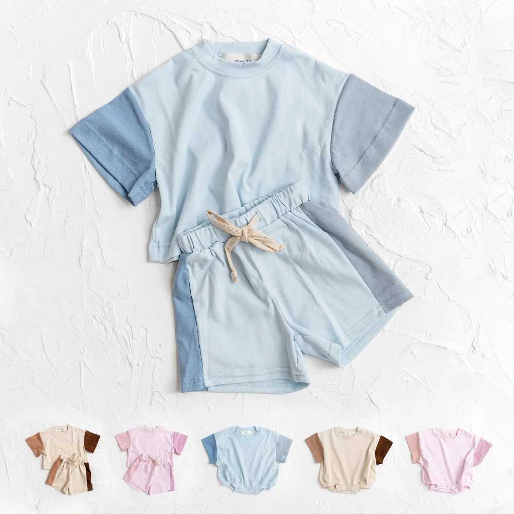 2025 Summer Toddler Girls Cotton Short Sleeve TopShorts Set Baby Boys Shortsleeve Tee Outfits Sets Kids Stitching Color ClothesT260316-image-1097848125